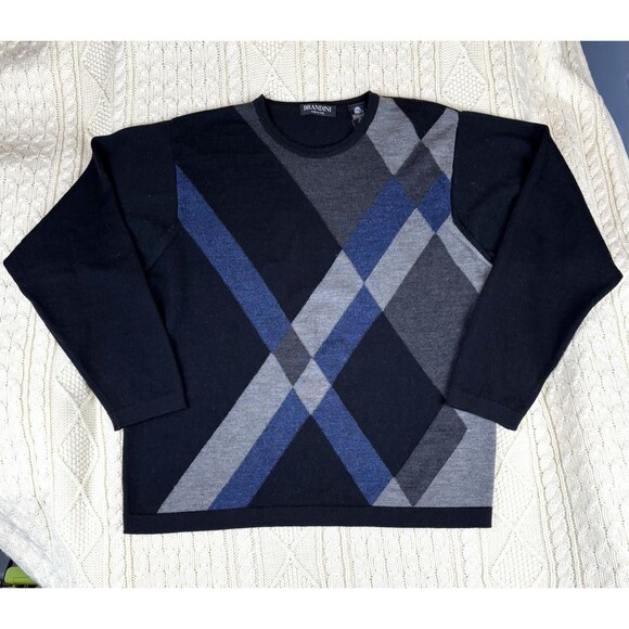 Men’s Wool Argyle Sweater Quiet Luxury Preppy Size Large Brandini Italy - Picture 1 of 4